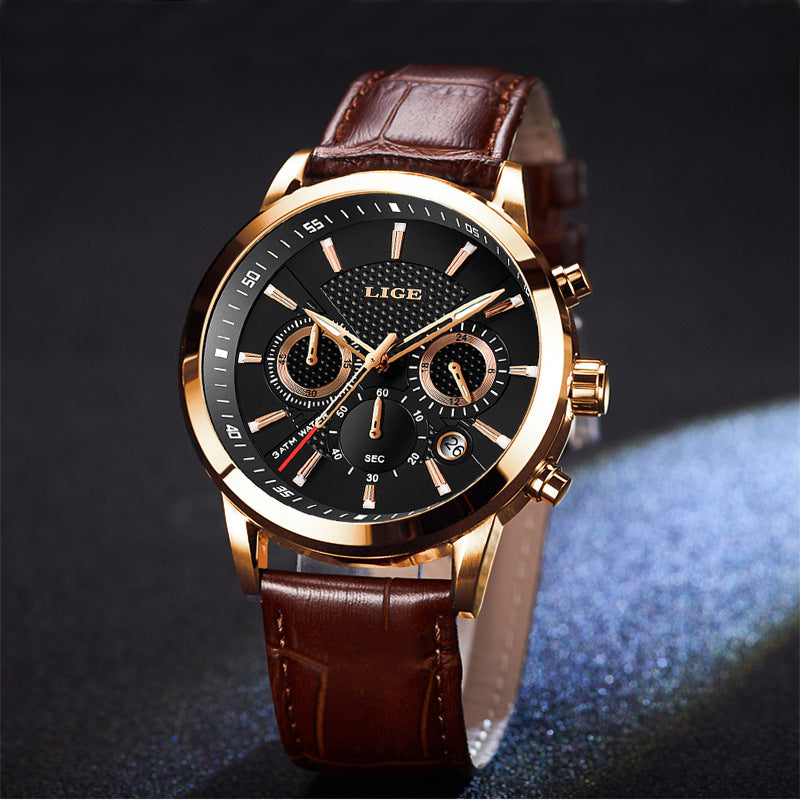 Stylish LIGE Sport Quartz Watche features a black dial and brown leather strap, perfect for any occasion.