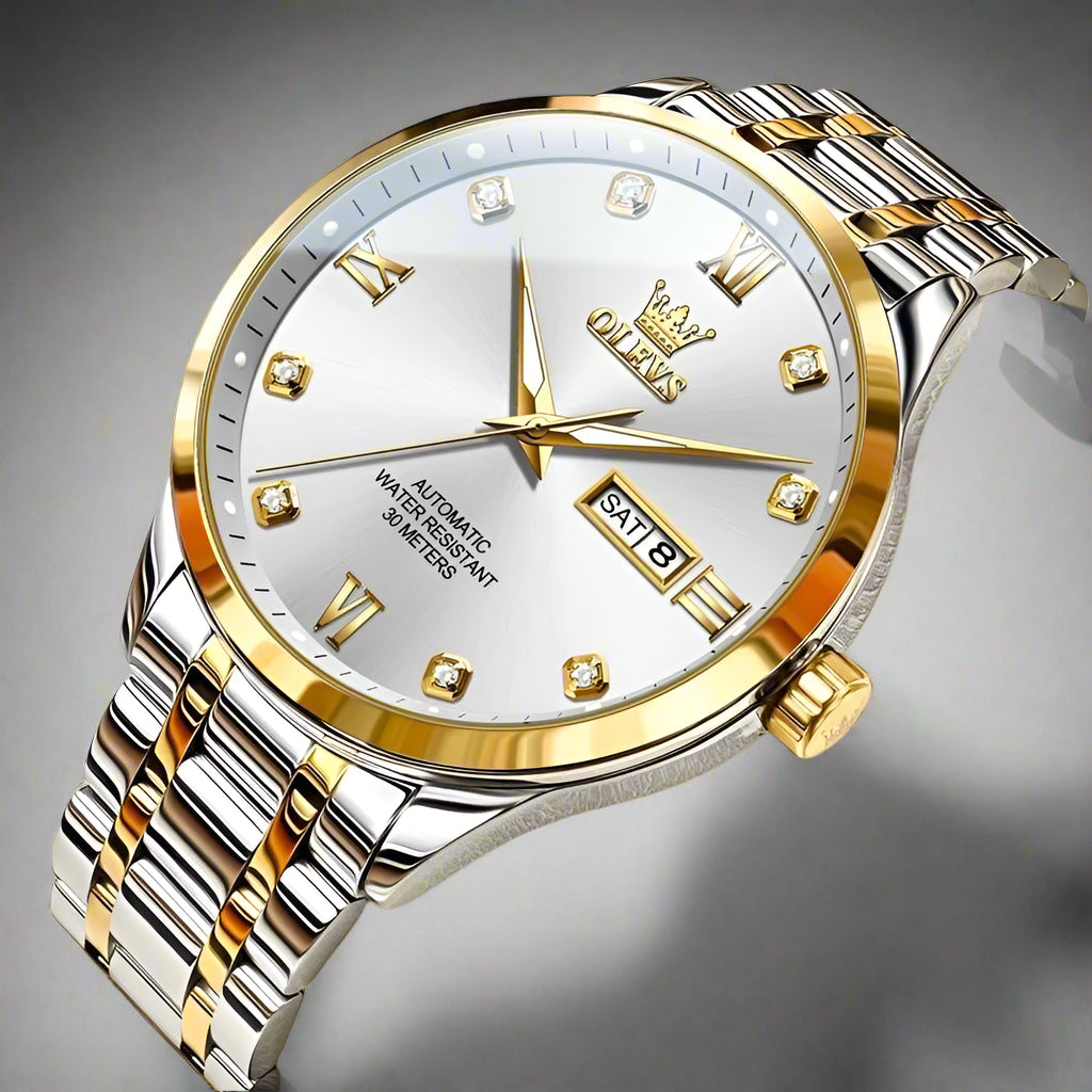 OLEVS Automatic Mechanical Watch features a stunning silver and gold design with a classic style, perfect for any occasion.