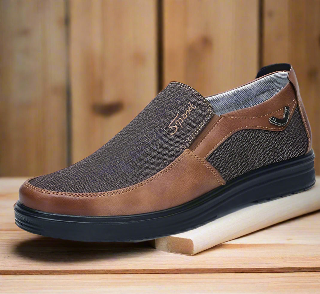 Business Casual Soft-soled Feet Shoes: breathable slip-on with gray fabric and brown leather accents.