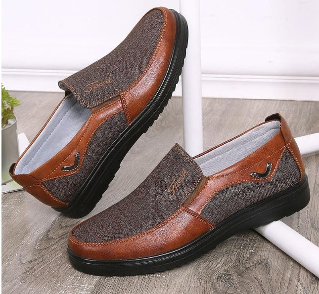 Business Casual Soft-soled Feet Shoes for men in brown and gray; breathable, lightweight polyurethane sole.