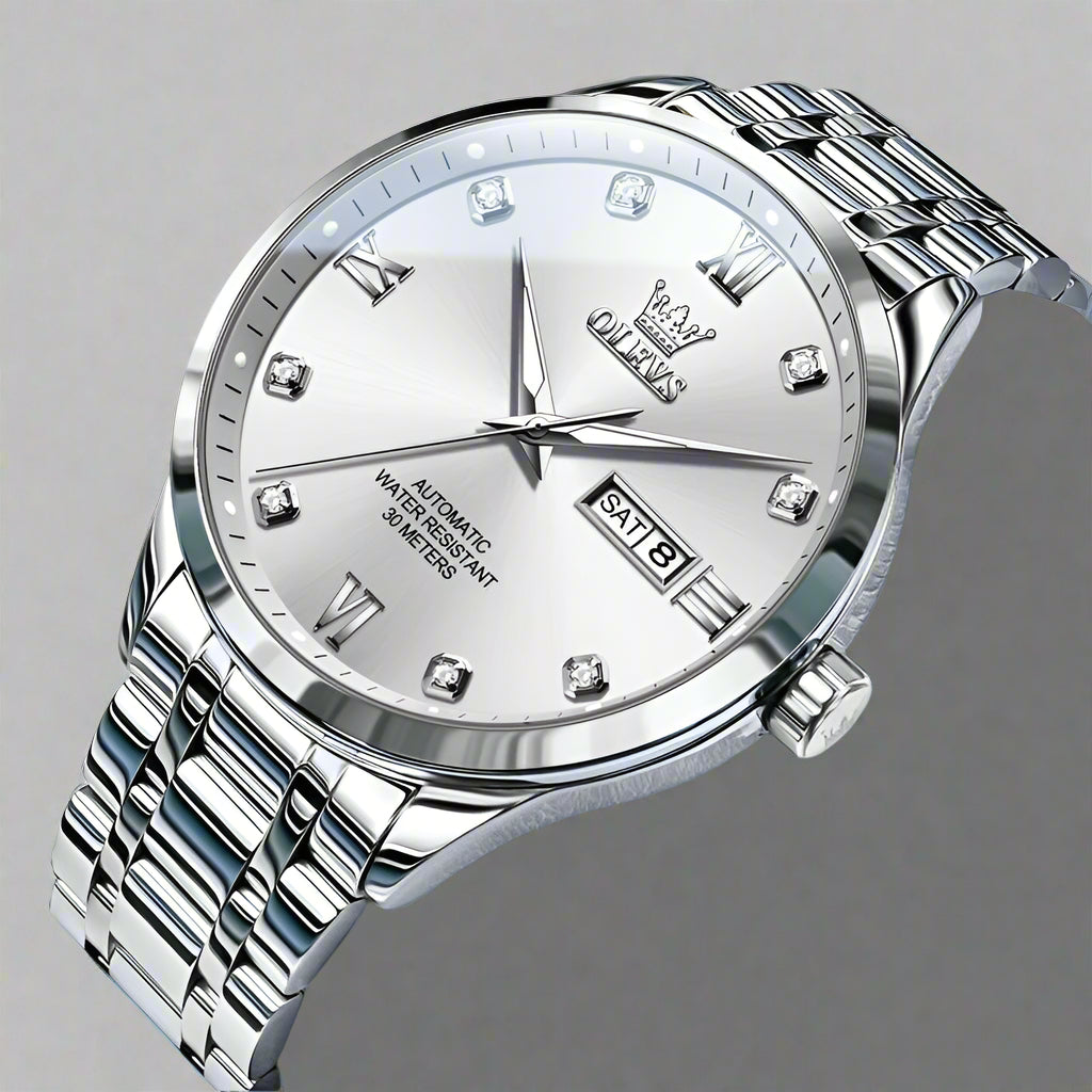 OLEVS Automatic Mechanical Watch features a sleek design with a silver dial and steel band, perfect for any occasion.