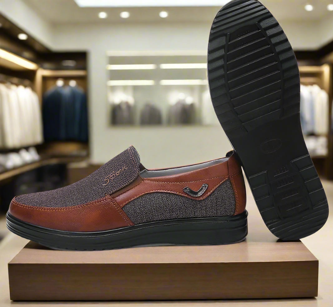 Business Casual Soft-soled Feet Shoes: breathable, lightweight men's slip-on loafers in brown leather and fabric.