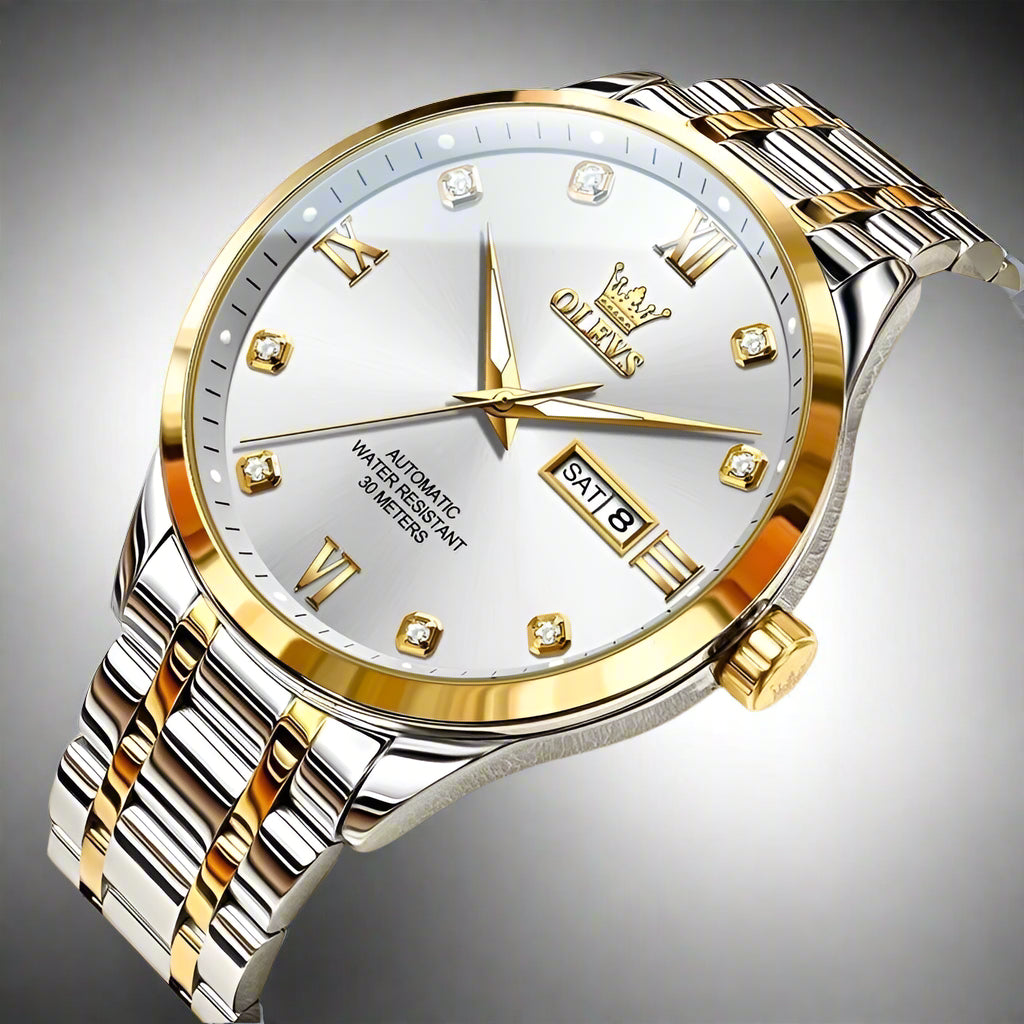 OLEVS Automatic Mechanical Watch features a stylish silver and gold design with a detailed face and elegant strap.