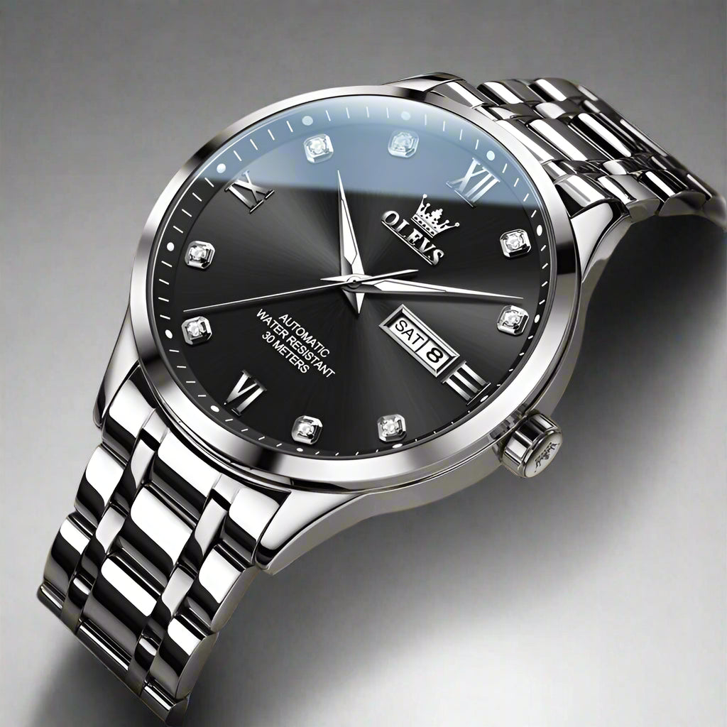 OLEVS Automatic Mechanical Watch features a sleek design with a black dial and stainless steel bracelet, perfect for men.