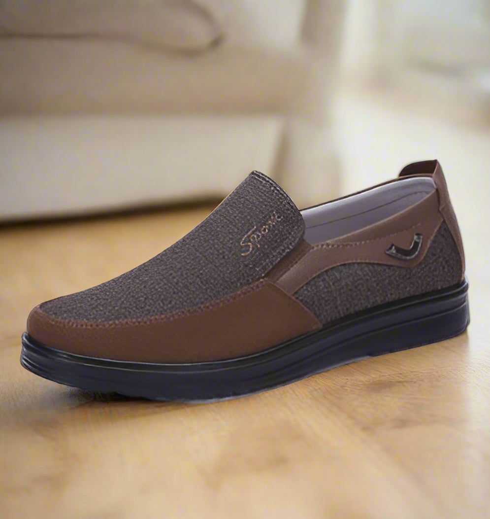 Business Casual Soft-soled Feet Shoes for men: breathable slip-on with brown/gray upper and polyurethane sole.
