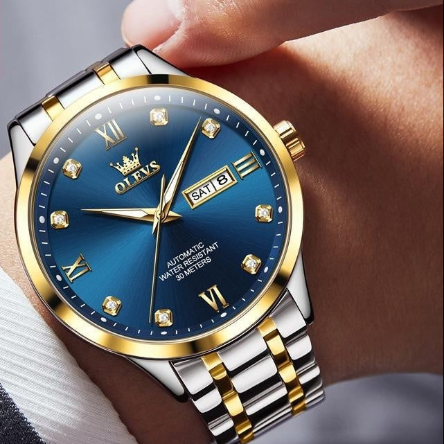 OLEVS Automatic Mechanical Watch showcased in blue, stylish design perfect for any occasion.