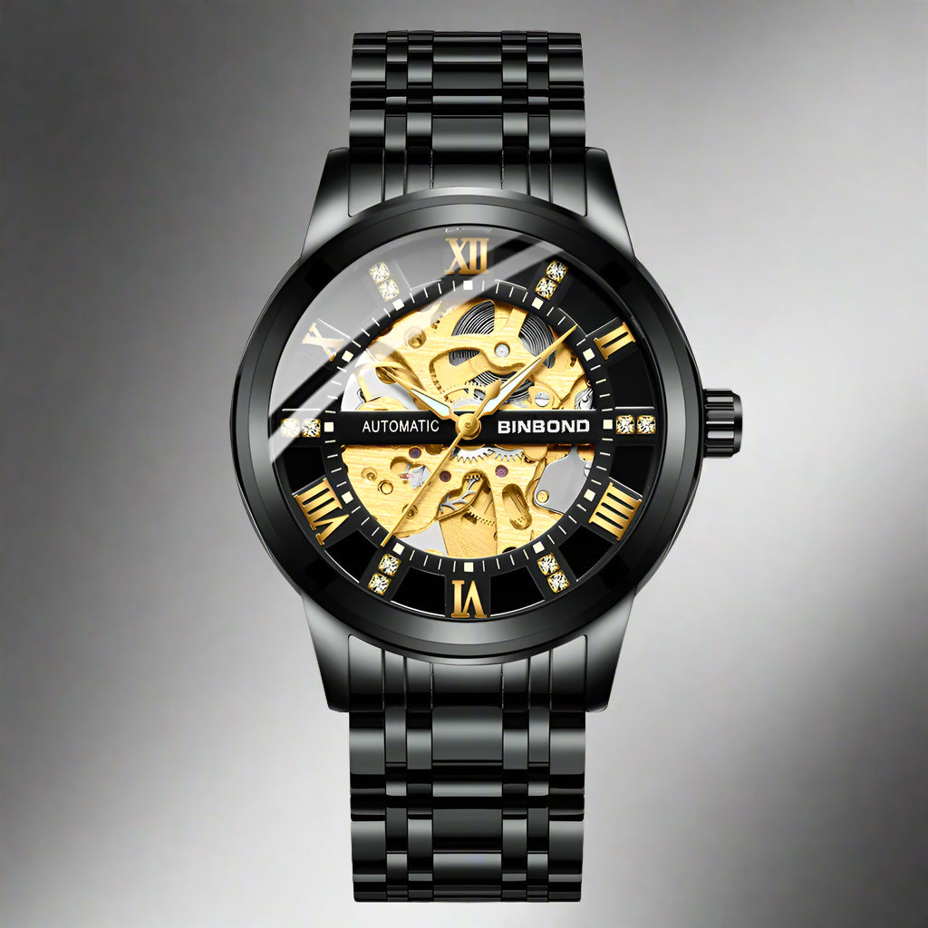 Stylish BinBond Automatic Mechanical Watch featuring a black steel design and gold accents for a timeless look.