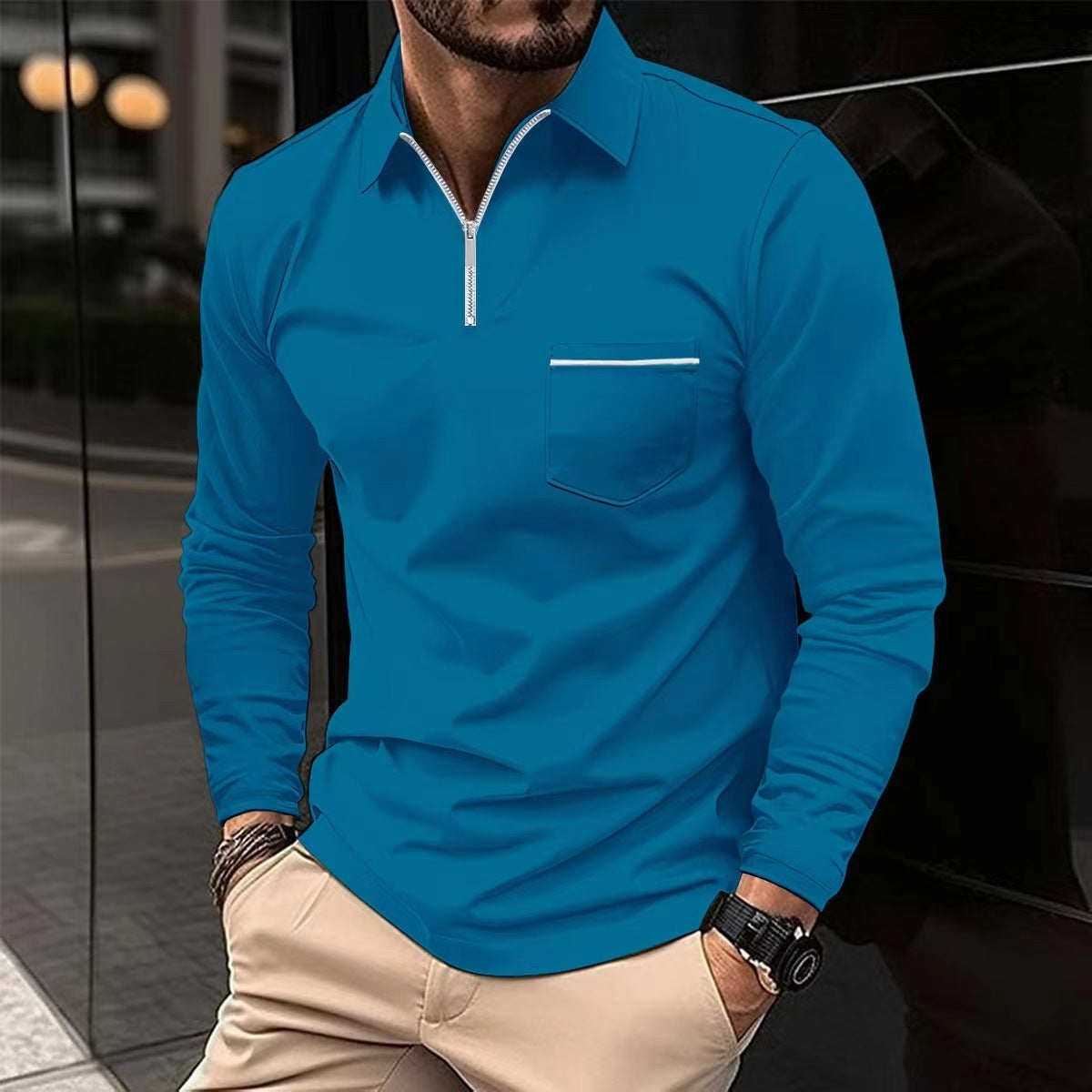 Men's Long Sleeved Sports Polo Shirt in vibrant blue, crafted from breathable polyester for style and comfort.