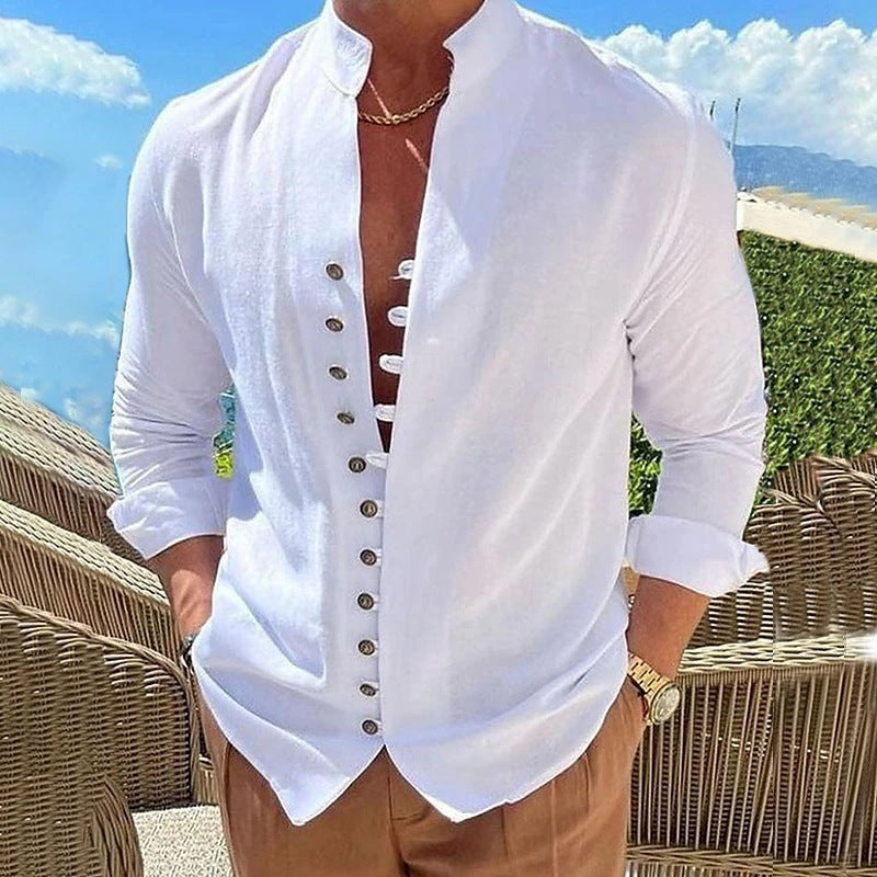 Stylish Cotton And Linen Casual Long Sleeve Shirt in white featuring a stand collar and button details for a chic look.