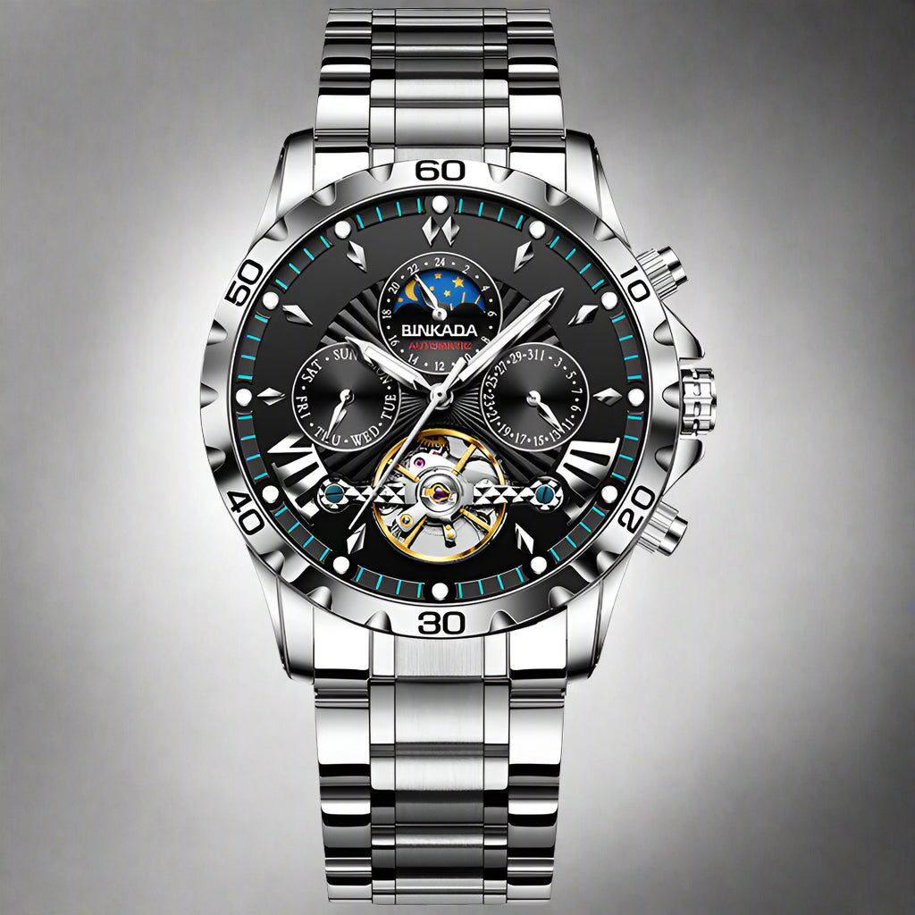 Binkada Automatic Mechanical Luminous Watch features a stylish black design with a steel belt and 13mm thickness.