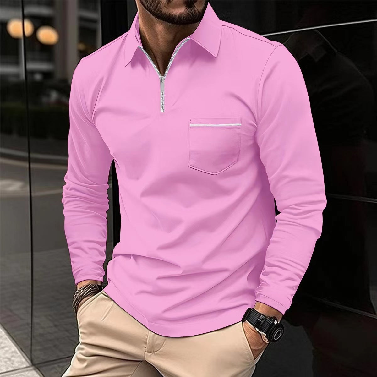 Stylish Long Sleeved Sports Polo Shirt in pink, crafted from polyester, perfect for active wear. Available in various sizes.