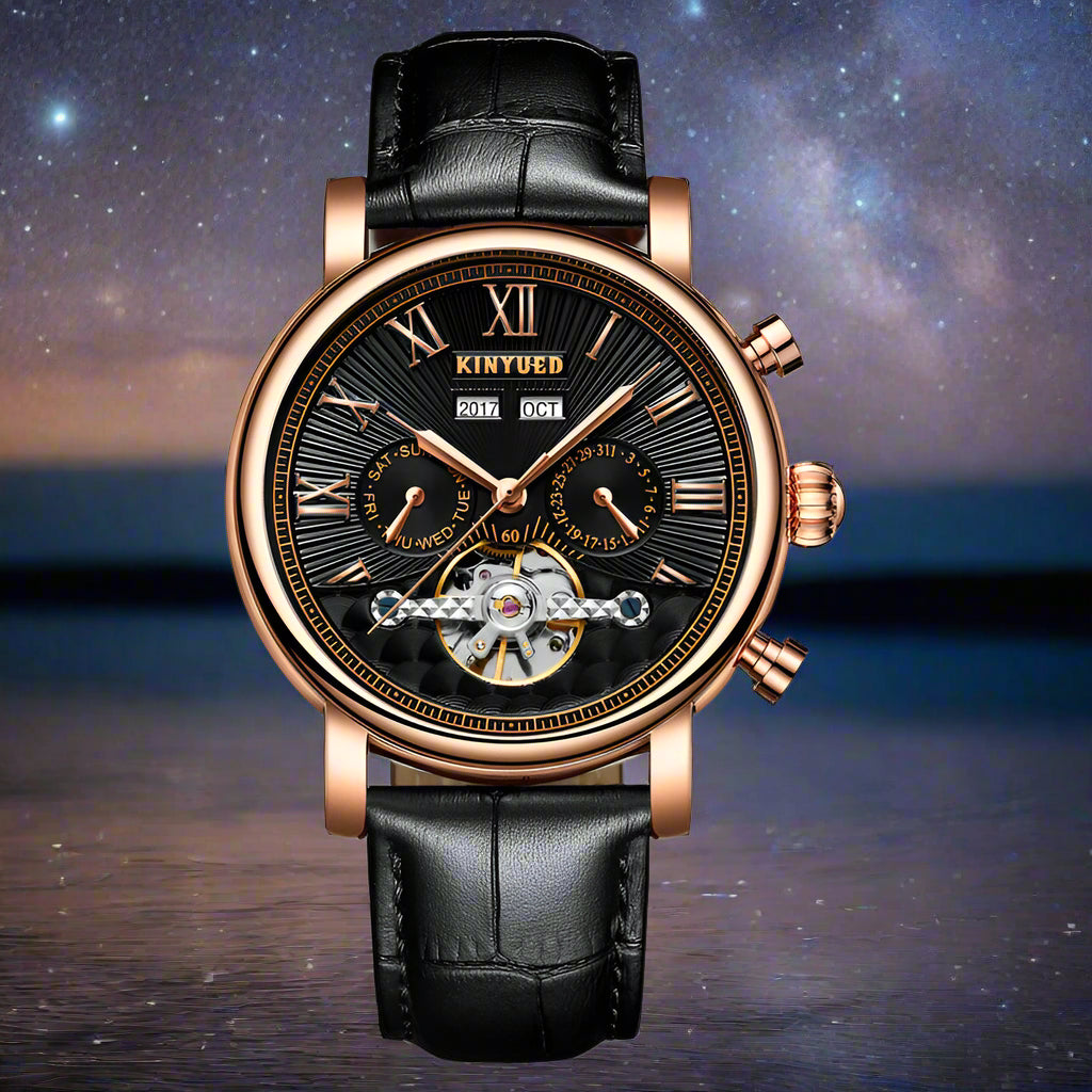 Elegant KenYued Automatic Mechanical Leather Watch with a black surface and stylish rose gold accents, perfect for men.