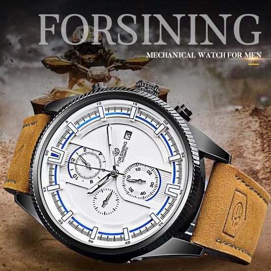 Forsining Automatic Mechanical Watch features a stylish white dial with sporty blue accents and a durable leather strap.