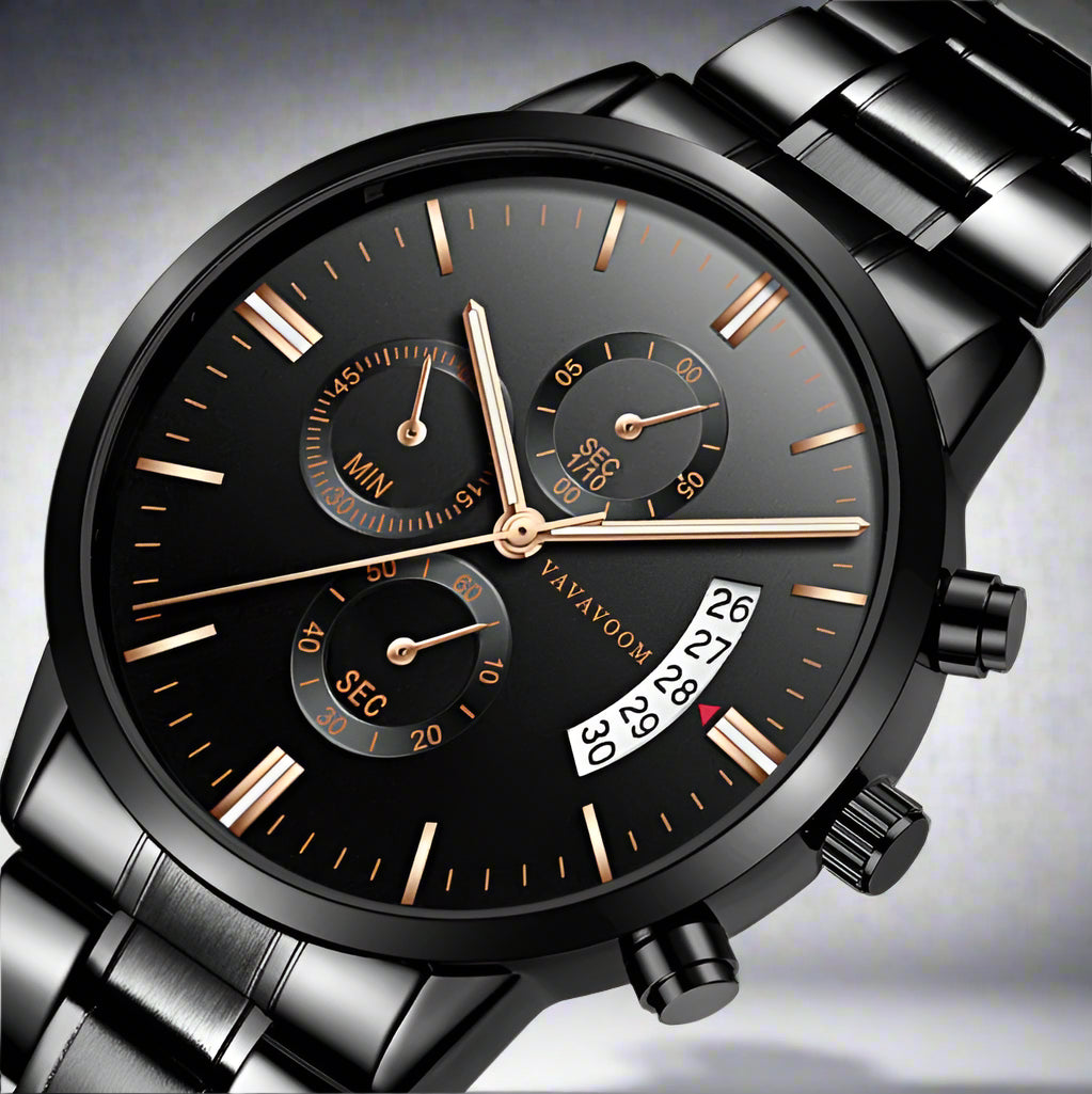 Stylish VavaVoom Quartz Refined Steel Watch featuring a black dial, chronograph, and date function. Perfect for casual wear.