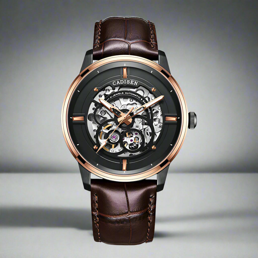 Lukong Fashion Casual Men's Mechanical Watch with skeleton dial, rose-gold bezel, and brown leather strap.