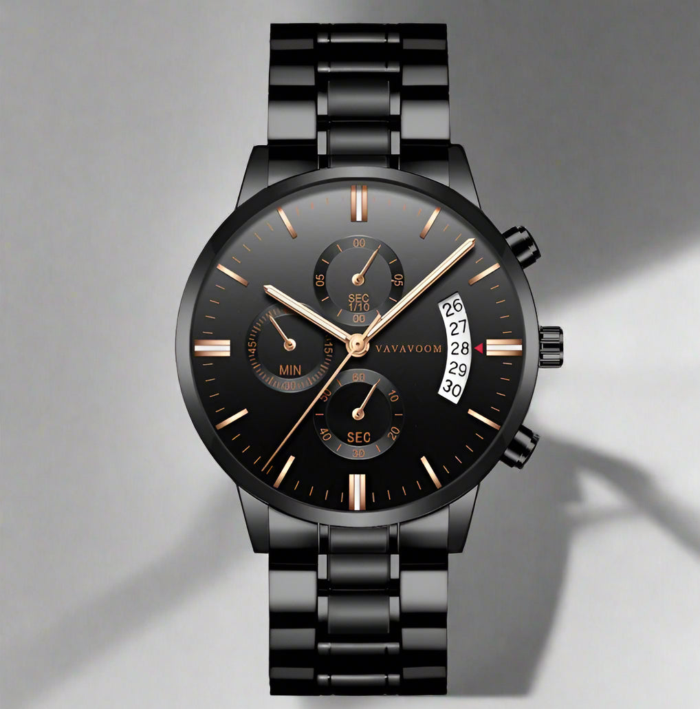 Sleek VavaVoom Quartz Refined Steel Watch with calendar feature, perfect for casual styles and waterproof up to 30M.