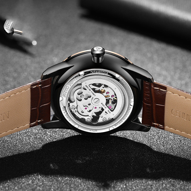 Lukong Fashion Casual Men's Mechanical Watch with transparent back, black case, and brown leather strap.