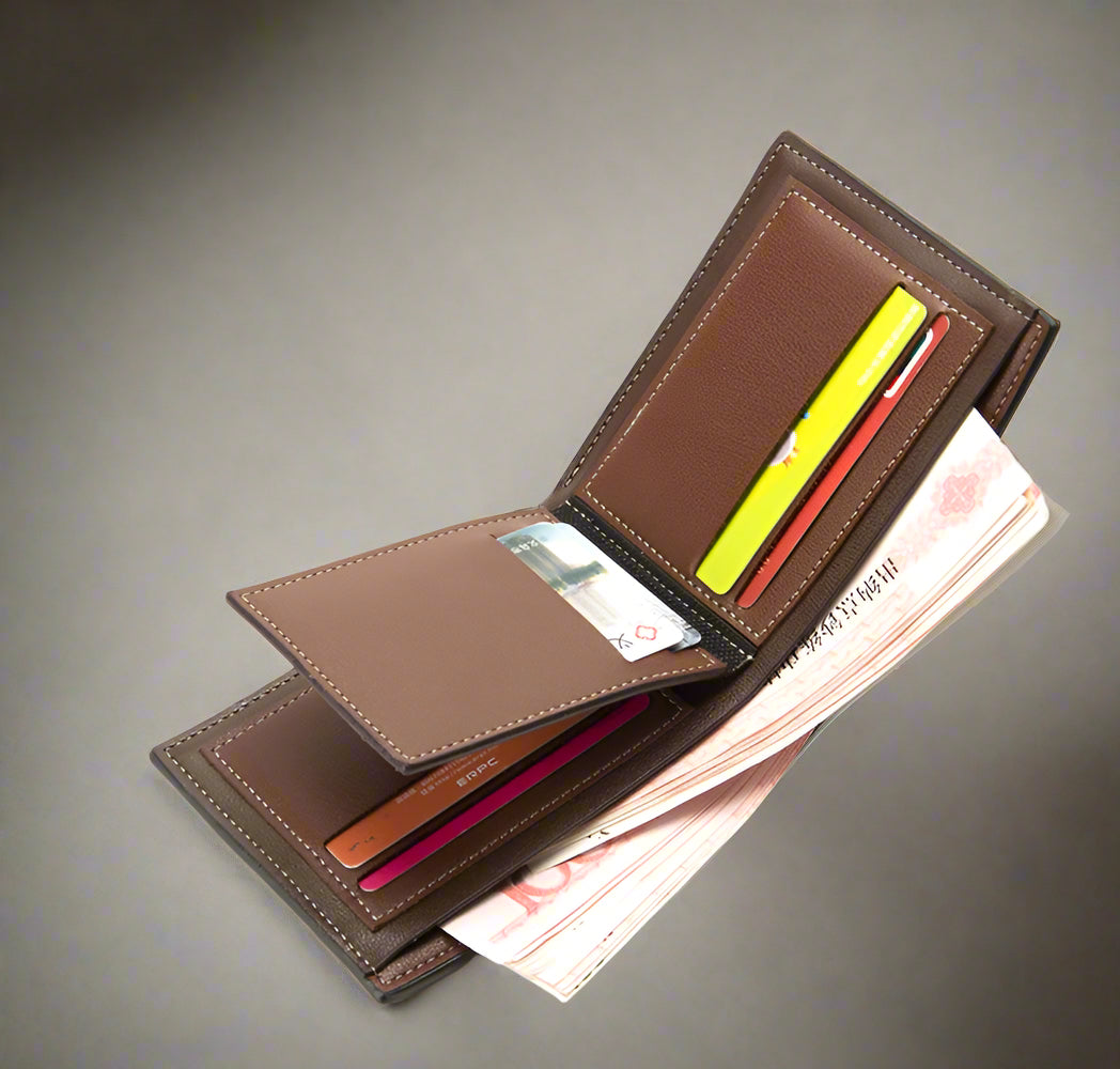 Stylish 3 Folds Carteira Wallet in dark coffee, featuring a unique design and soft PU material, perfect for any occasion.