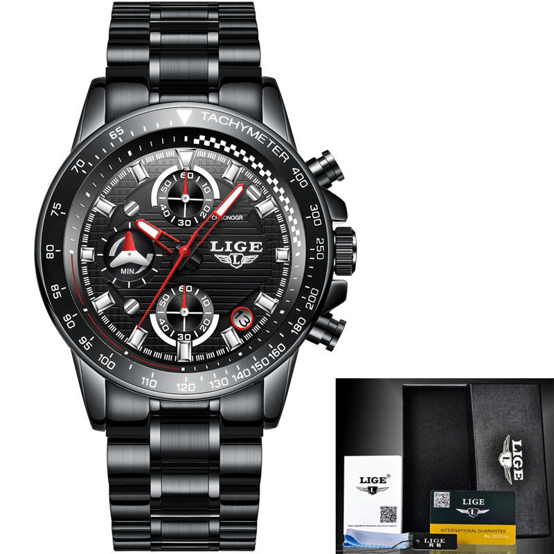 Men's business watch with black alloy case and bracelet, quartz movement, 30M water resistance, mineral glass.