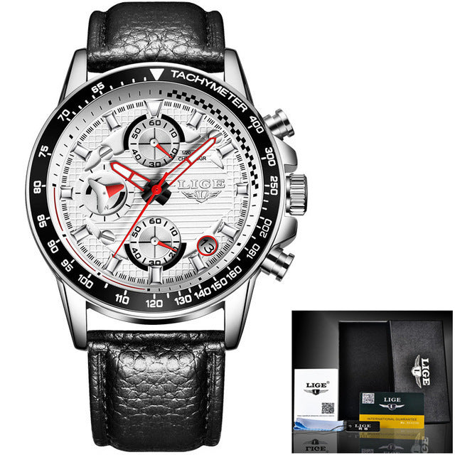 Men's Business Multi-function Watch with black leather strap, alloy case, mineral glass, quartz, 30m water resistant.