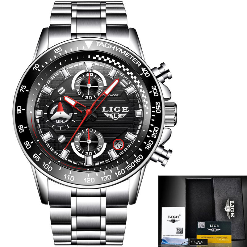 Men's business multi-function watch with steel band, alloy case, quartz movement, 30m water resistant, mineral glass
