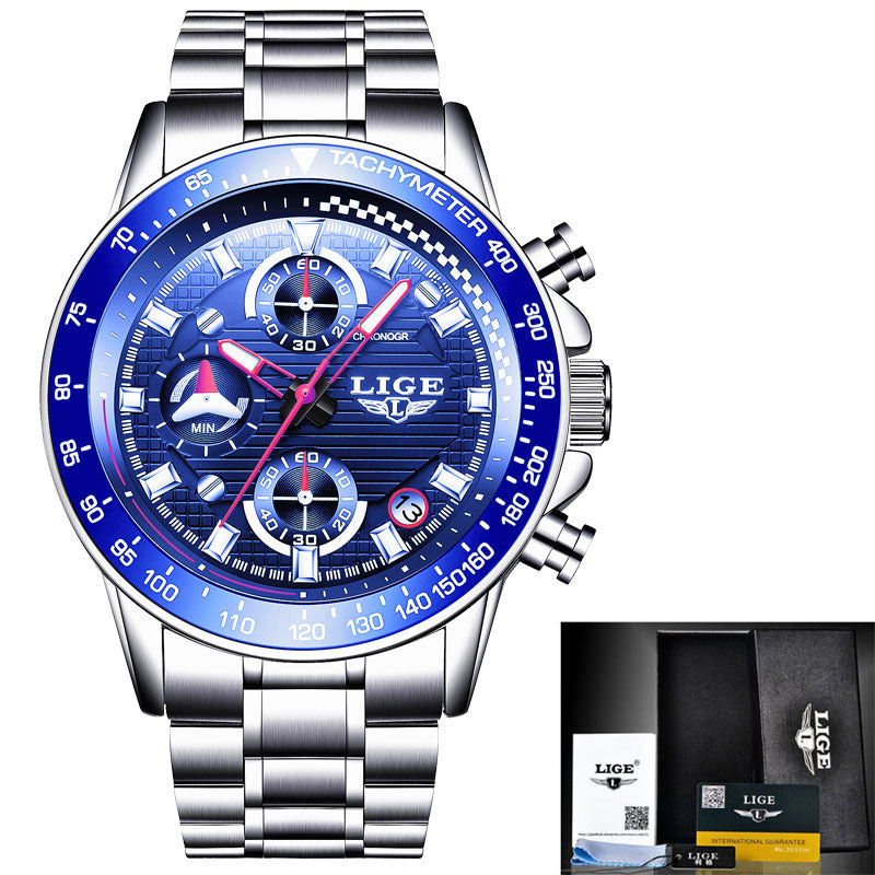 Men's business watch with blue dial, chronograph, tachymeter, steel band, quartz, 30M water resistant, mineral glass