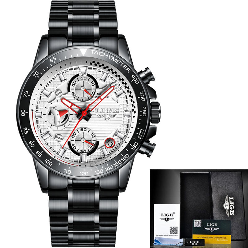 Men's business quartz chronograph tachymeter, alloy case, mineral glass, 30m water resistant, black steel band.