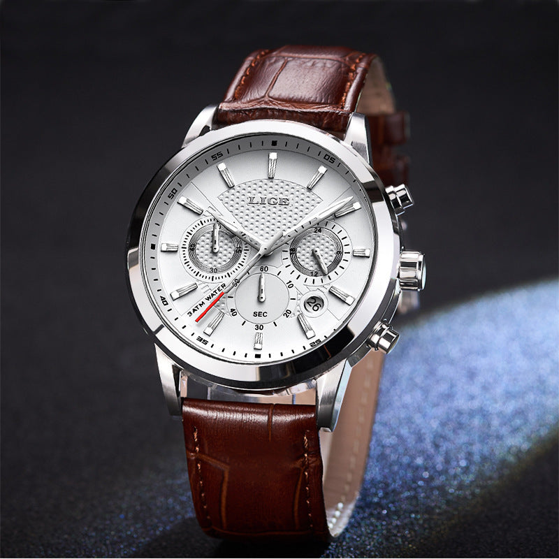 Stylish LIGE Sport Quartz Watche features a silver dial and brown leather strap, perfect for any occasion.