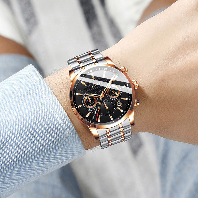 Stylish LIGE Sport Quartz Watche on a wrist, featuring a sleek design with a black dial and rose gold accents.