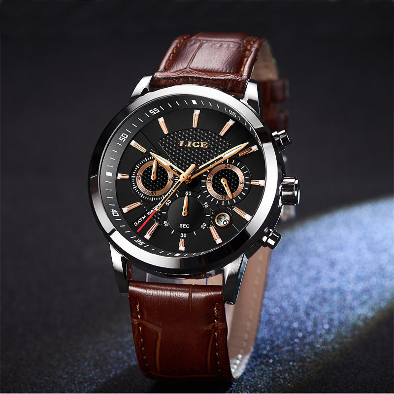 Stylish LIGE Sport Quartz Watche featuring a black dial and brown leather strap, perfect for any occasion.