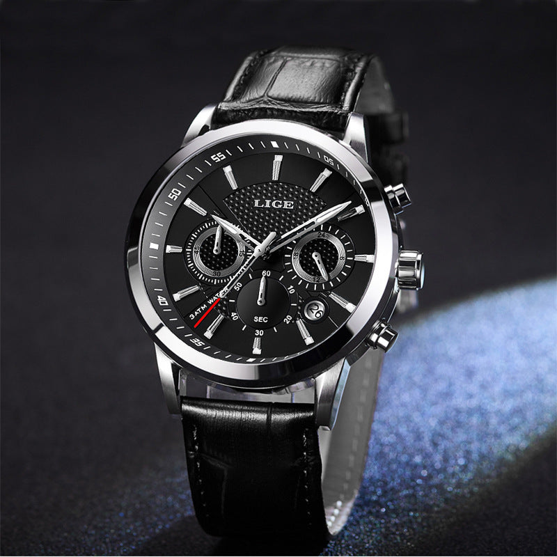 LIGE Sport Quartz Watche features a sleek design with a black dial and leather strap, perfect for stylish individuals.