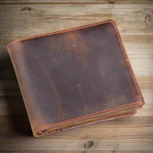 Stylish Crazy Horse Leather Wallet, crafted from premium cowhide with a zipper, perfect for the discerning man.