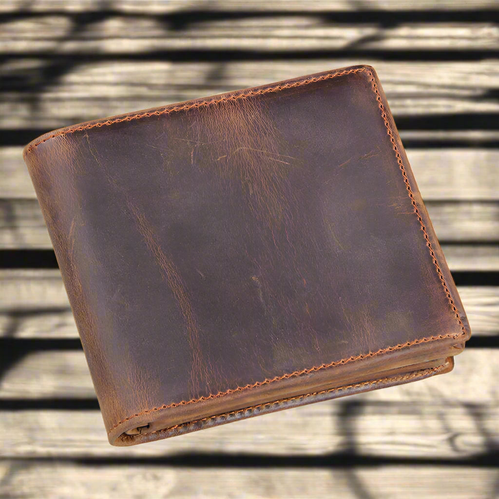 Stylish Crazy Horse Leather Wallet made from premium cowhide, featuring a zipper and concealed compartments.