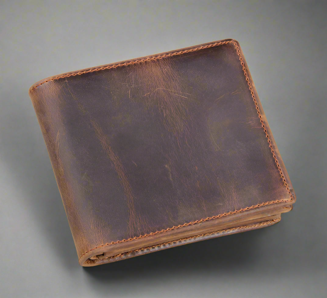 Stylish Crazy Horse Leather Wallet featuring premium cowhide, zipper closure, and elegant design for discerning men.