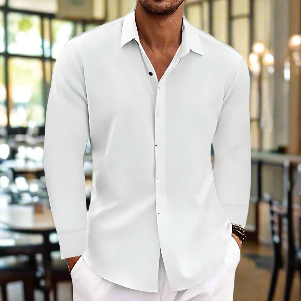 Stylish Long Sleeve Cotton / Linen Shirt Men in solid white, perfect for a casual look or layered style.