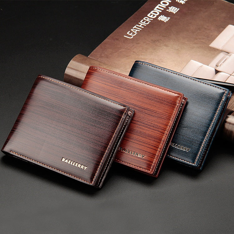 Stylish 3 Folds Carteira Wallet in dark blue, dark coffee, and light coffee, featuring a soft PU surface.