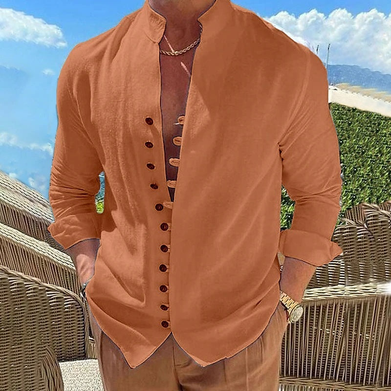 Stylish Cotton And Linen Casual Long Sleeve Shirt in orange, perfect for casual street wear. Available in multiple colors.