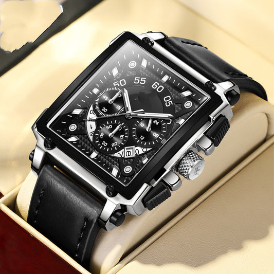 Multifunction Quartz Men's Square Watch with black leather strap, silver case, black dial and multiple subdials.