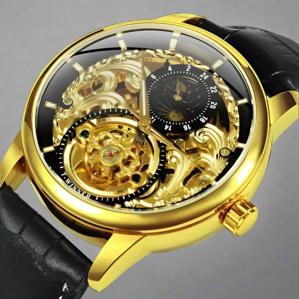 Elegant Carved Hollow Automatic Mechanical Watch features a gold shell, transparent back, and spiral crown for timeless style.