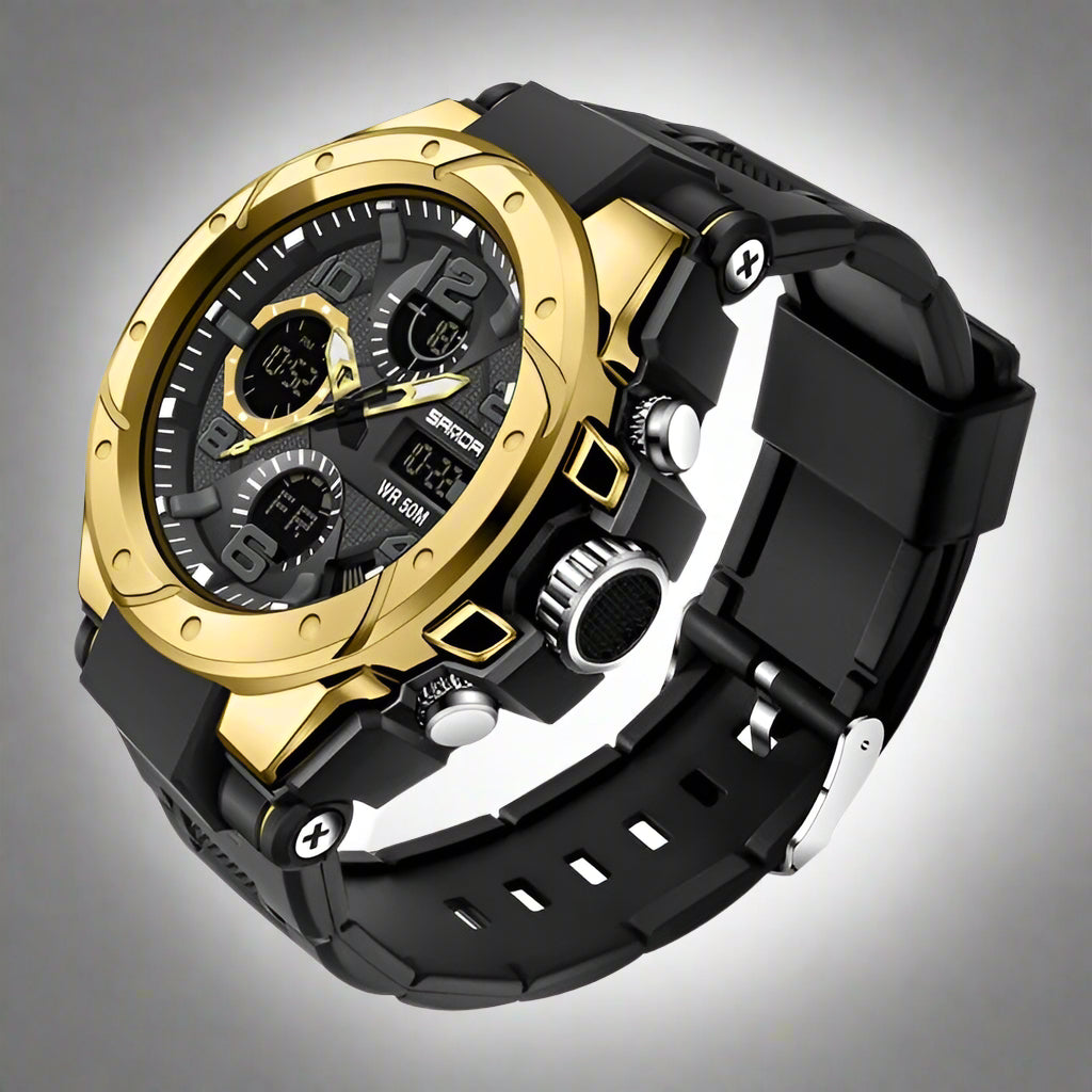 Stylish SANAD Military Sports Watch in black and gold, featuring 30M waterproof design and multifunctional dials.