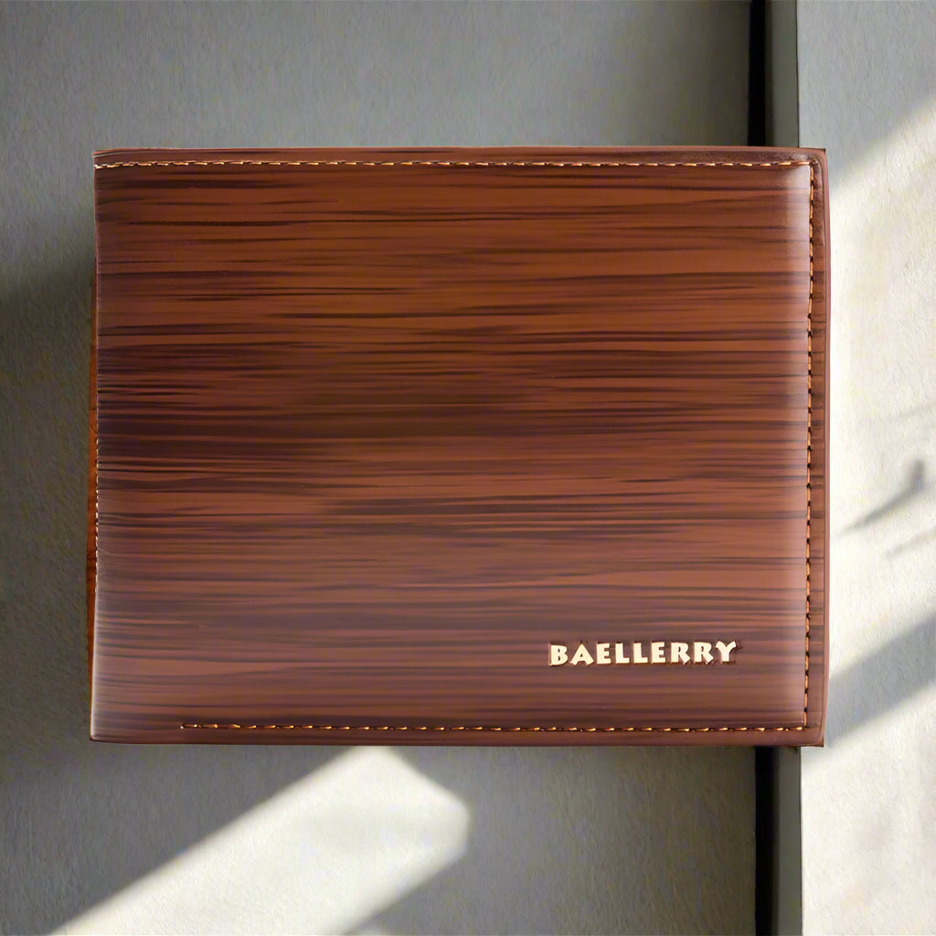 Baellerry's 3 Folds Carteira Wallet features a stylish design in dark coffee, crafted from soft PU material.