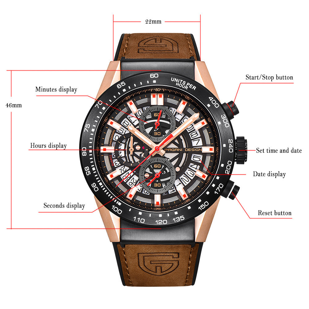 Stylish Pagani Design Explorer Watch features world time, waterproof design, and quartz movement for everyday use.