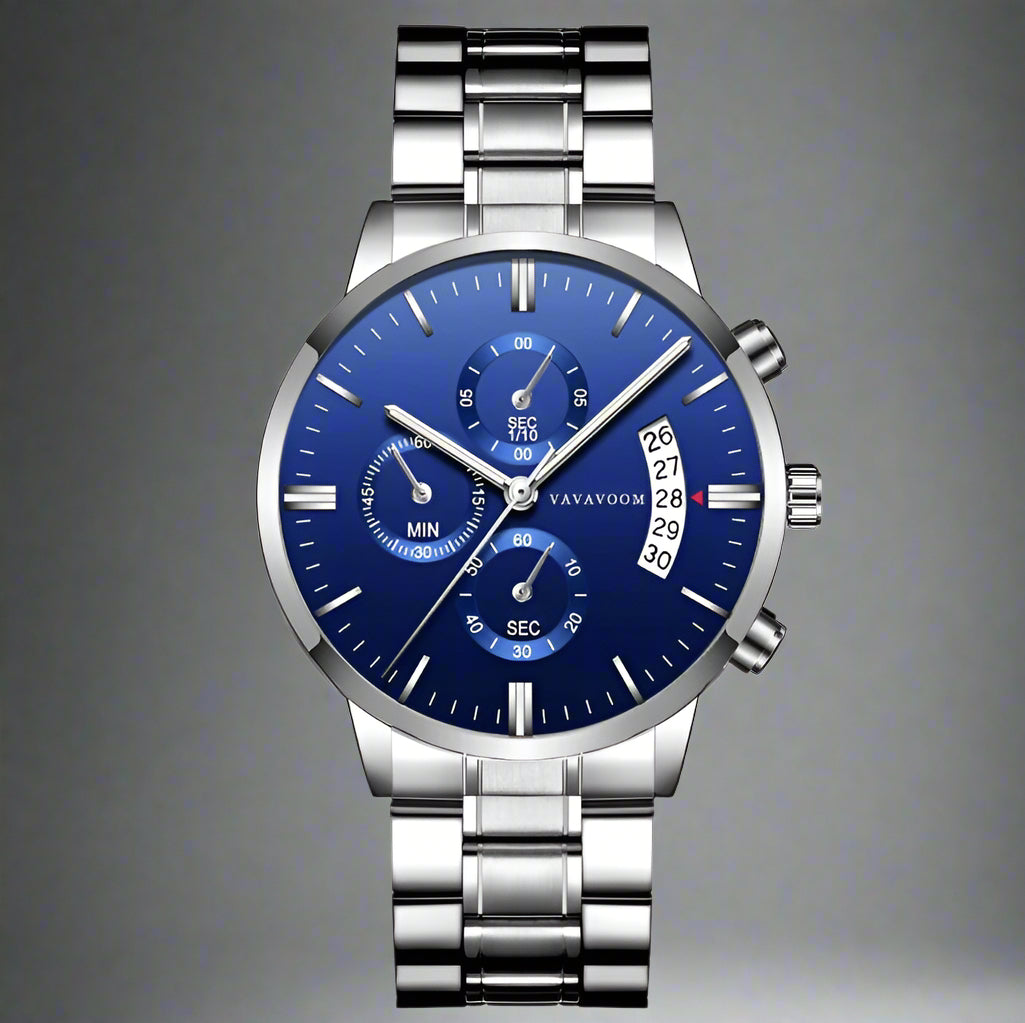 Stylish VavaVoom Quartz Refined Steel Watch features a blue dial, quartz movement, and 30M waterproof performance.