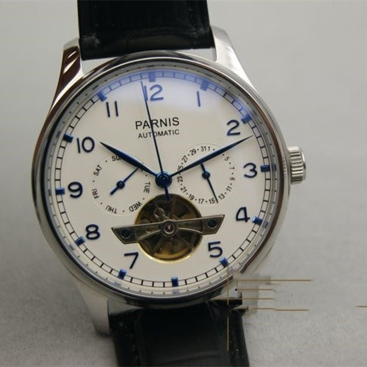 Parnis Automatic watch with white dial, blue hands, open balance wheel, black leather strap.