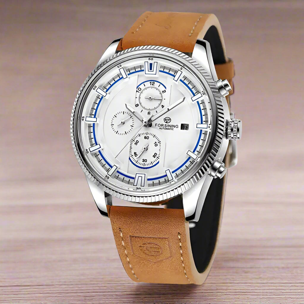 Forsining Automatic Mechanical Watch features a stylish design with a silver case and sporty leather strap for men.