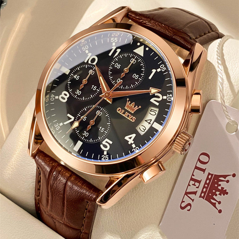 OLEVS Luxury Quartz Watch features a stylish round design with a leather strap and stainless steel case, perfect for any occasion.