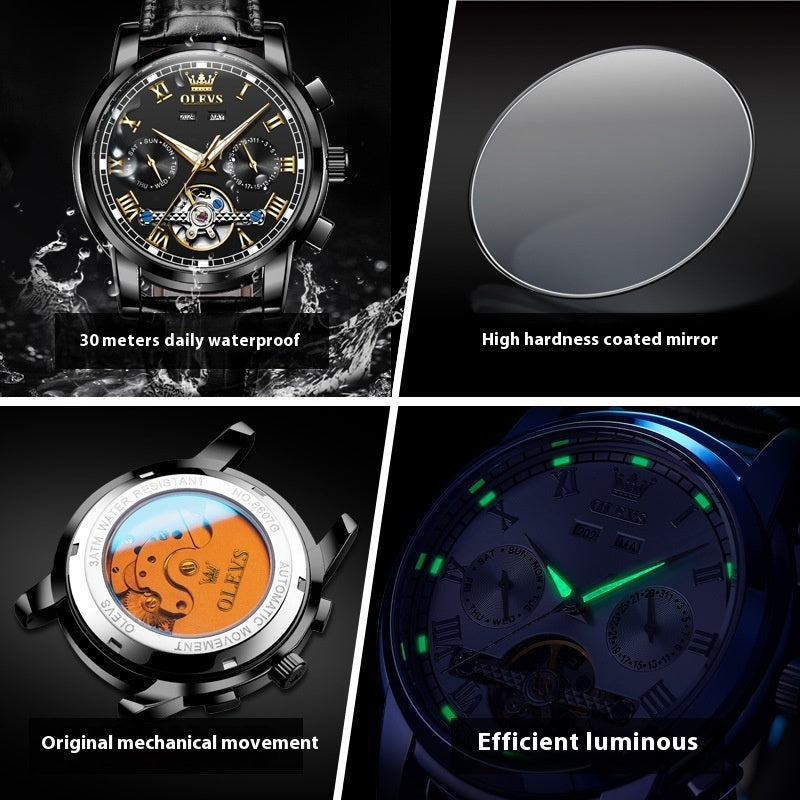 Discover the Olevs Waterproof Luminous Multifunctional Automatic Mechanical Watch, featuring a stylish black leather design.