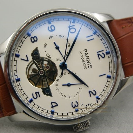 Parnis Automatic watch with white dial, blue numerals, left open-heart window, and brown leather strap.