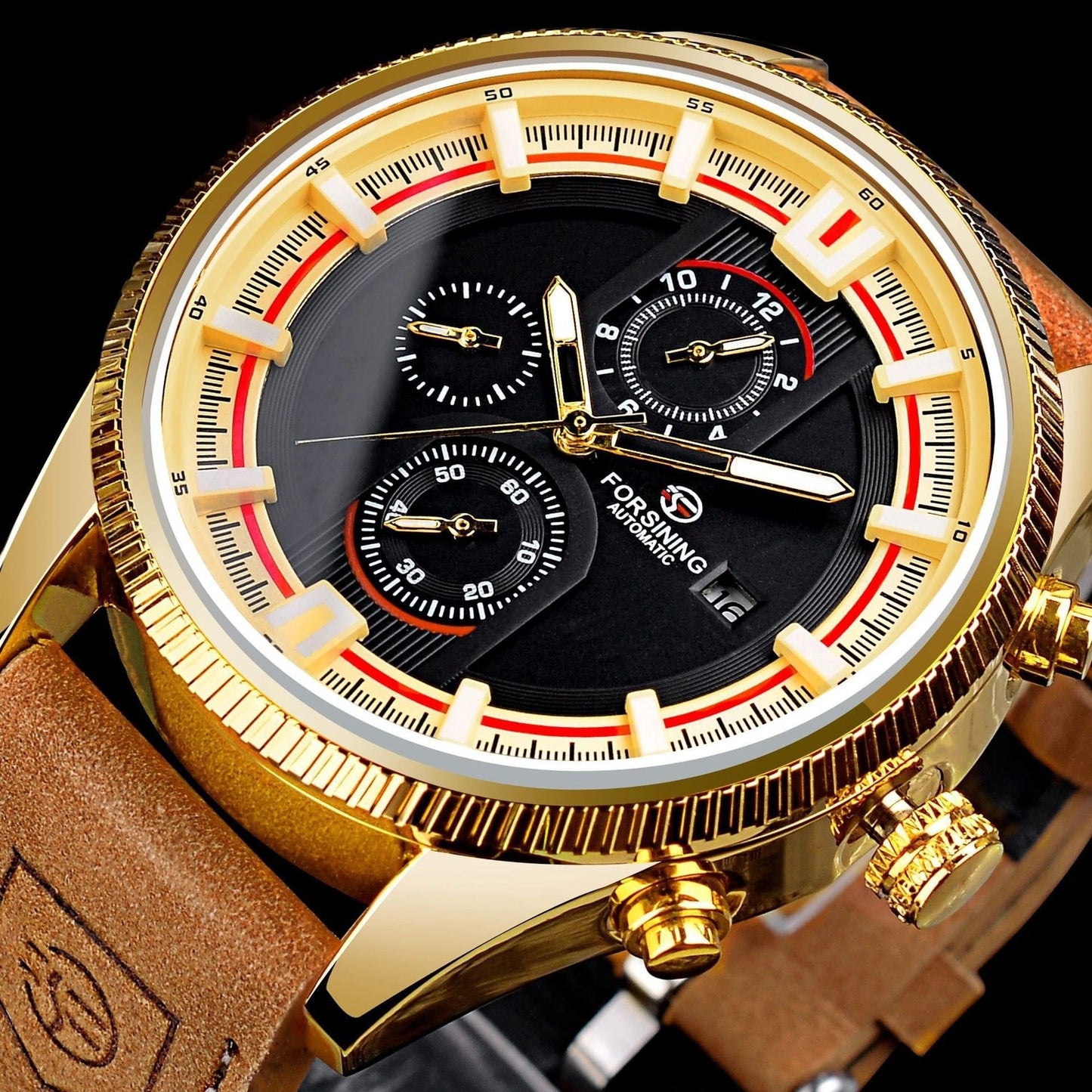 Forsining Automatic Mechanical Watch features a striking gold design with a black dial and sporty style for men.