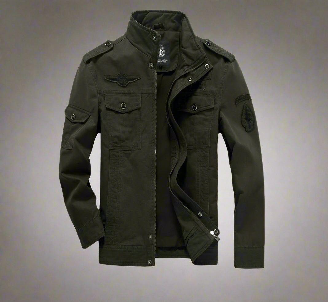 Stylish Military Cargo Coat in army green, featuring a stand collar and multiple pockets. Perfect for casual wear.